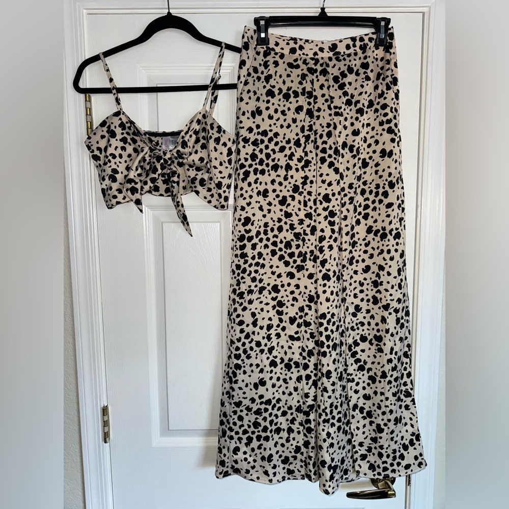 BEACH BUNNY SET Leopard Print Ramsey Slit Leg Wide Pant + Eastyn Tie Tank Top SM - Picture 2 of 16